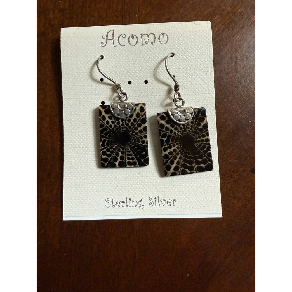 Vtg Acomo Sterling Silver Spider Web Fossil Coral Dangle Earrings Boho 925